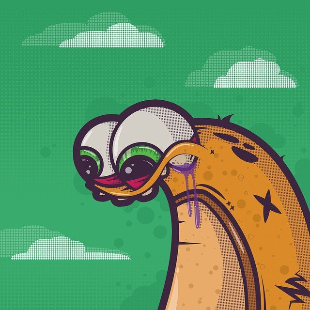 Derp character with droopy eyes on a green halftone background, graffiti sticker art by Paul Vu