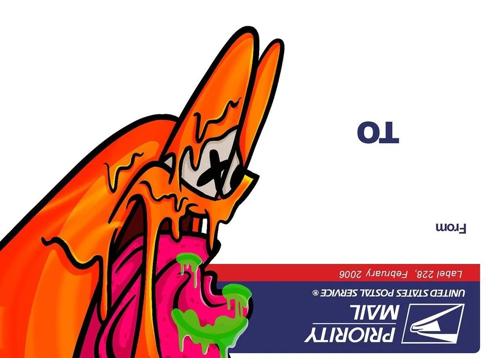 Orange Derp with green drool drawn over a Priority Mail Label 228, graffiti sticker art by Paul Vu