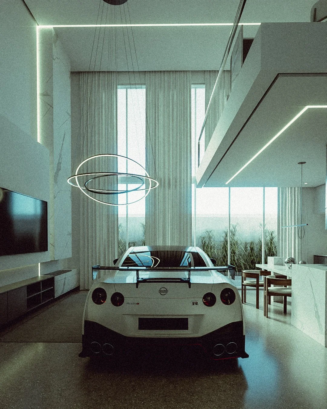 White GT-R in a modern living room with a ring chandelier