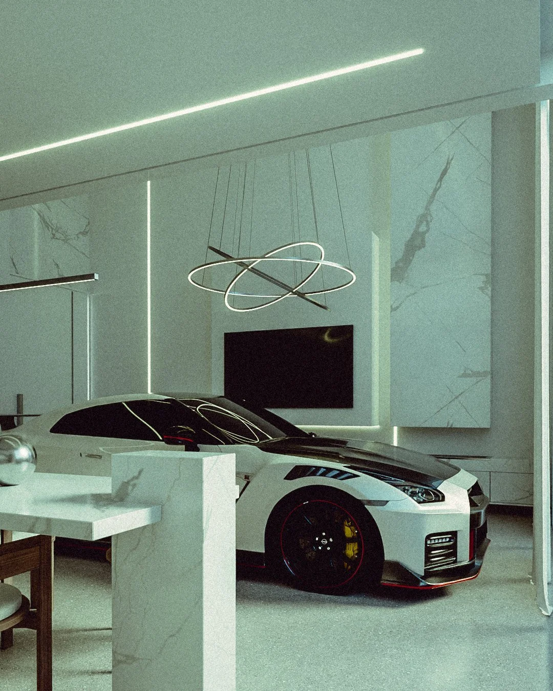 3D render of a white Nissan GT-R parked inside a bright modern glass house