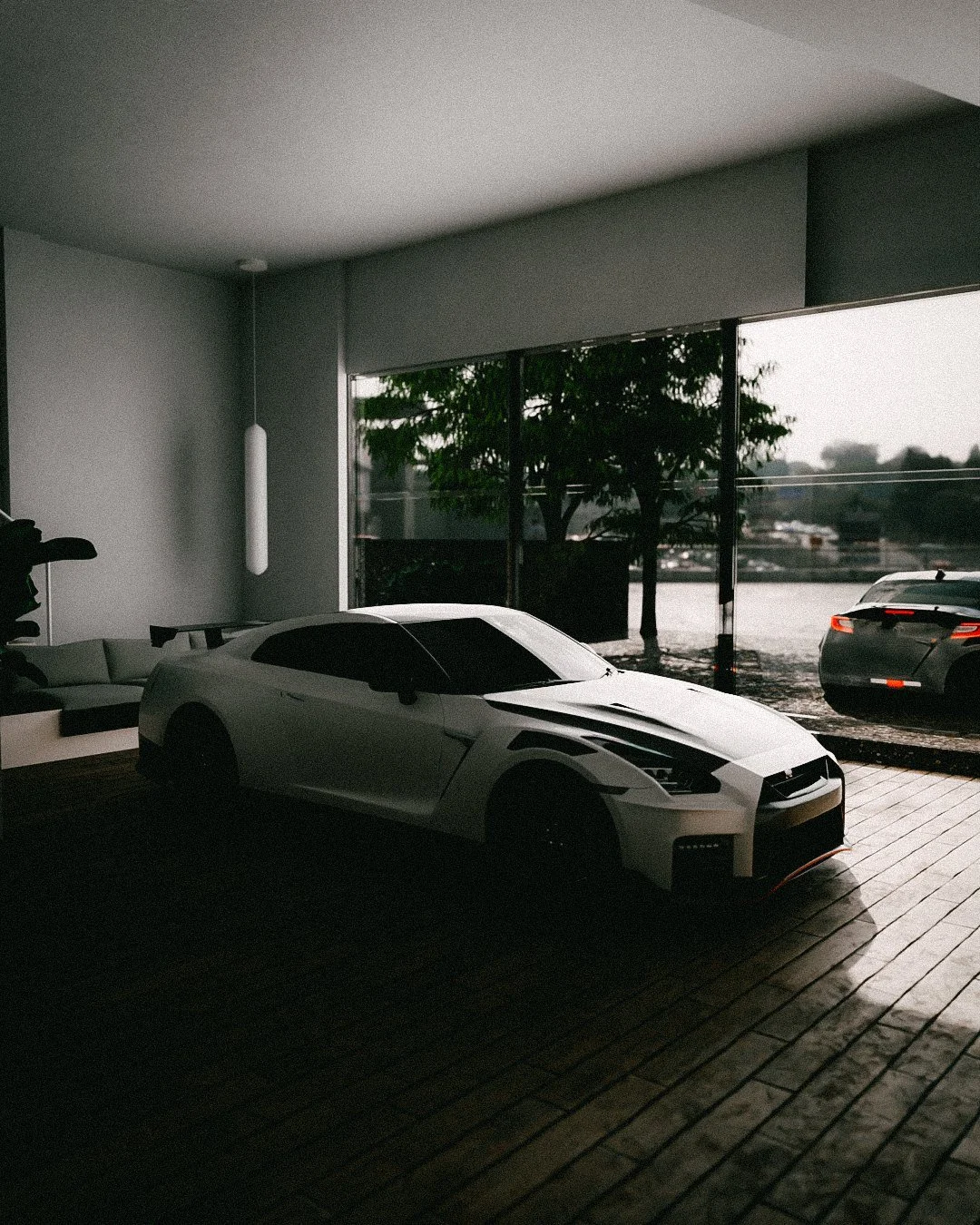 White GT-R parked by a modern house