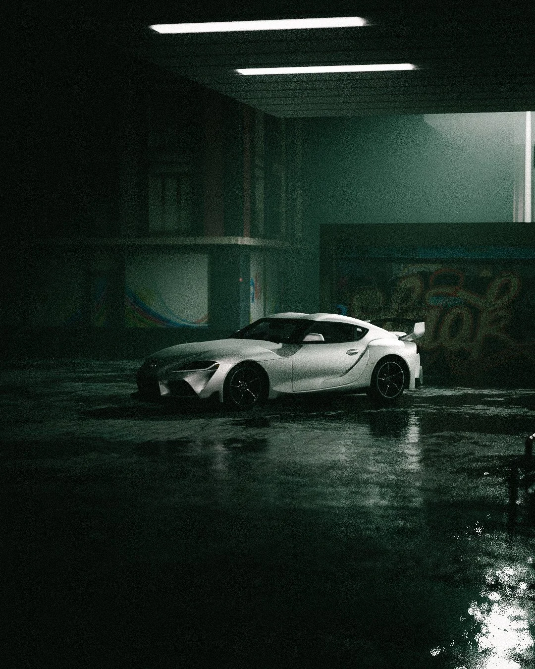 White Supra in a teal-lit parking deck