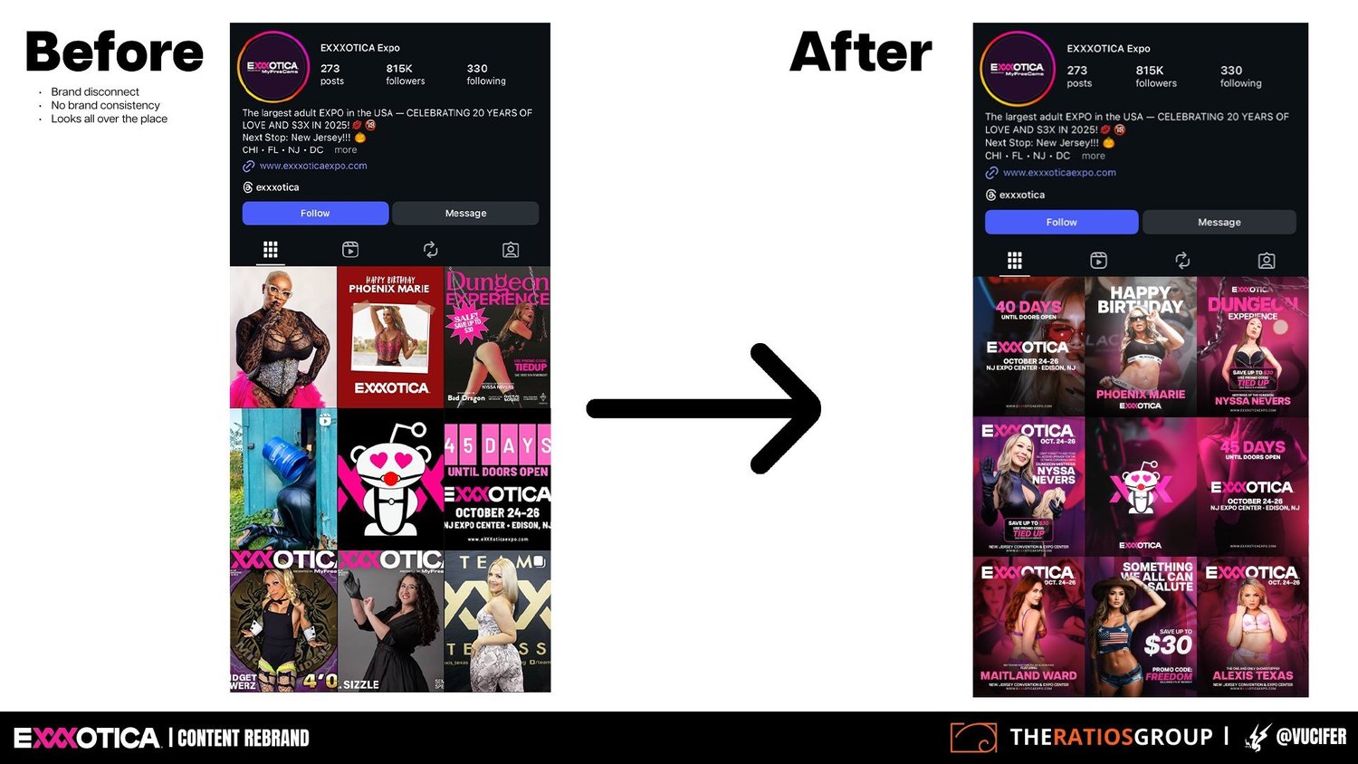 Before and after of the Exxxotica Instagram grid