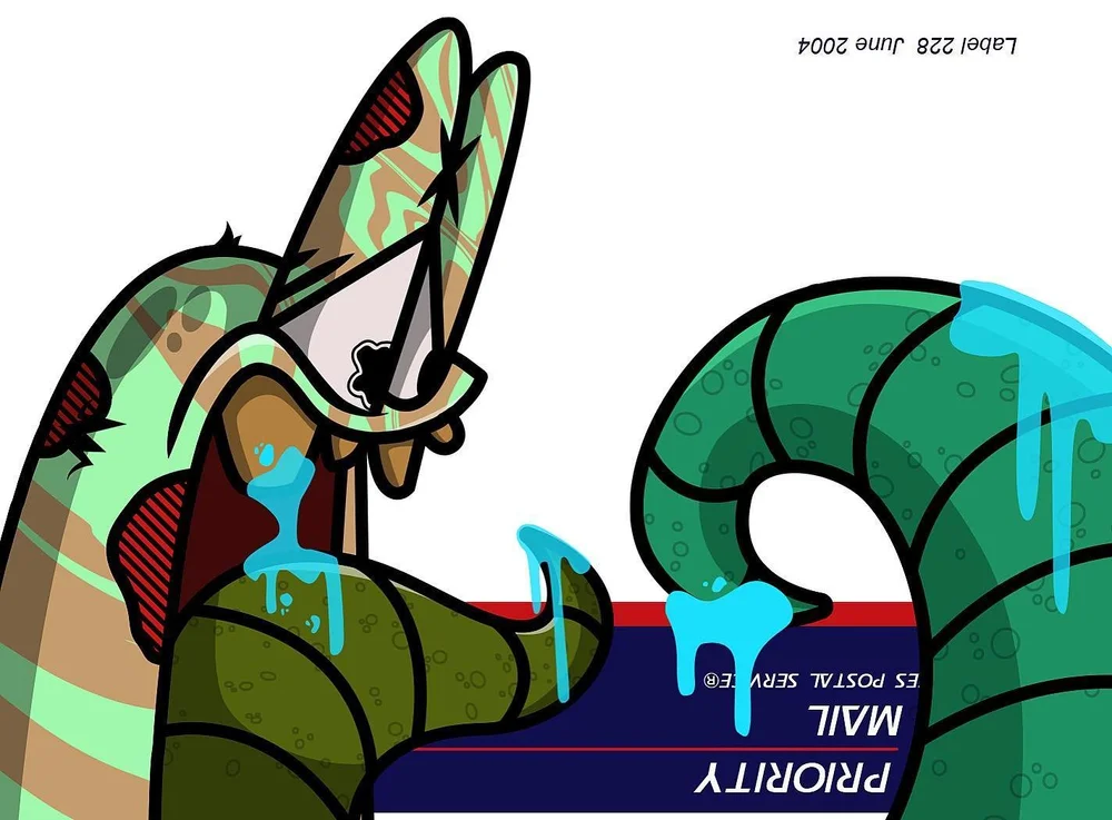 Green Derp with tentacles and blue drips on a Priority Mail label, graffiti sticker art by Paul Vu