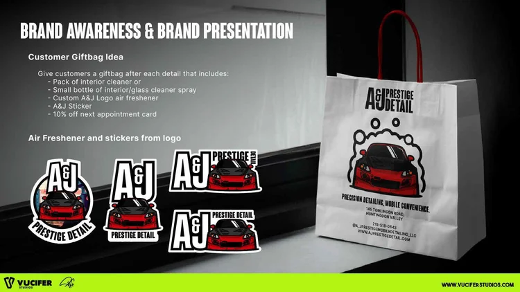 A&J Prestige Detail branded bag, air fresheners and stickers