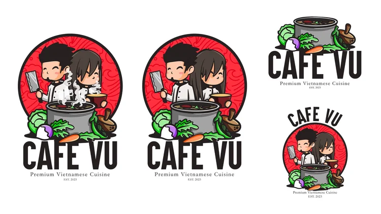 Cafe Vu logo variations with illustrated chefs