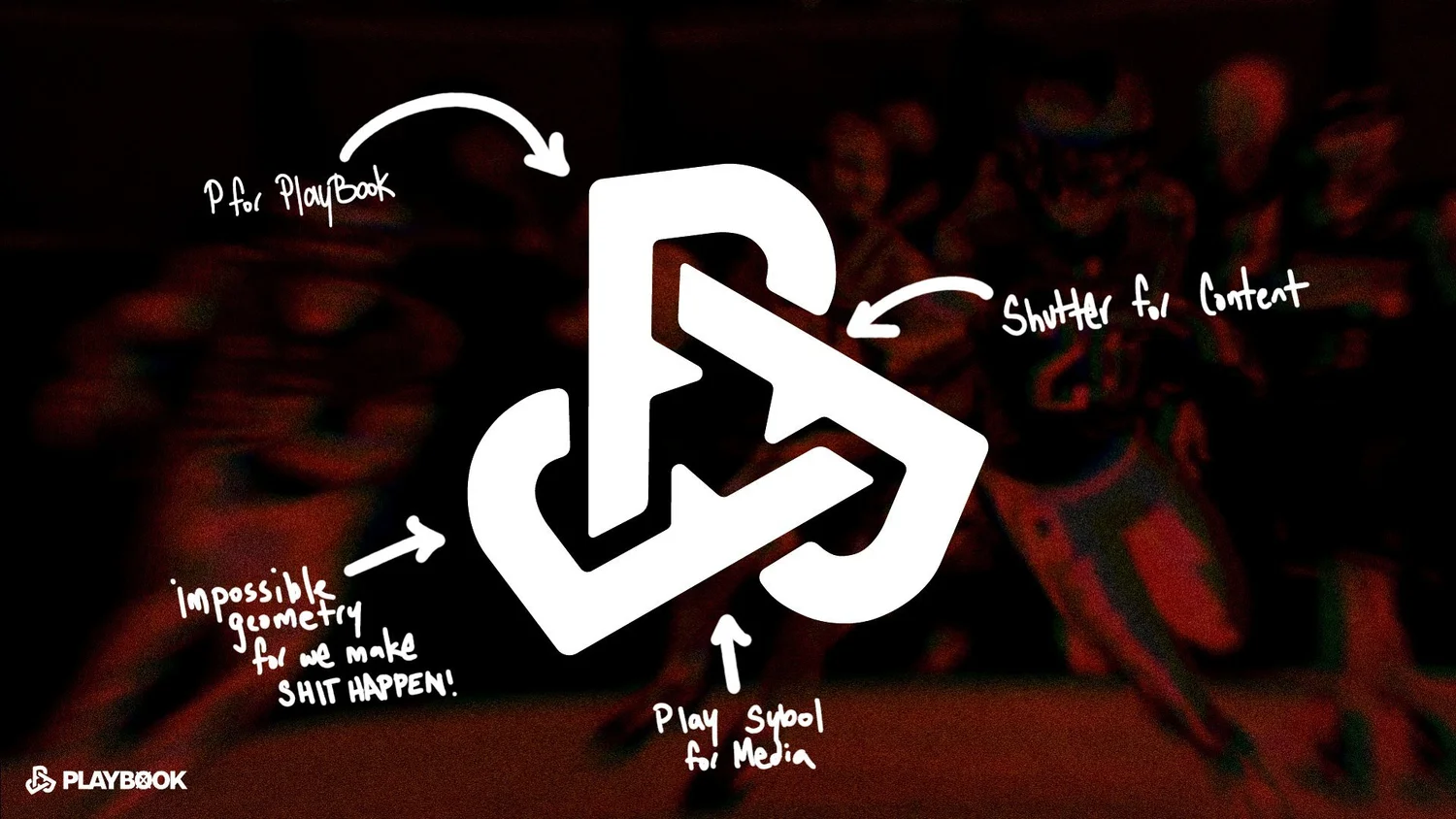 Playbook logo construction notes: P for Playbook, shutter for content, impossible geometry, play symbol for media