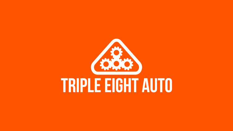 Triple Eight Auto logo in white on orange, logo design by Paul Vu