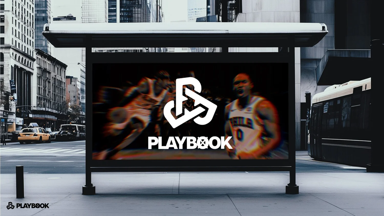 Playbook bus shelter ad mockup on a city street