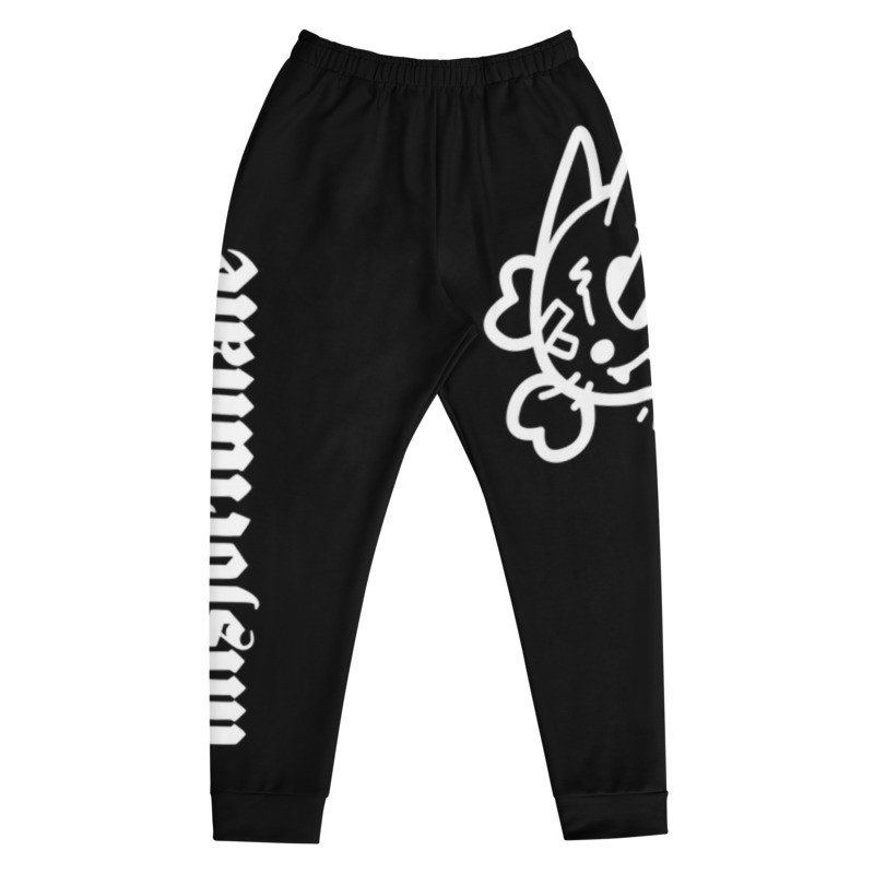 Black Misfortunate joggers with the crossbones mark on the thigh
