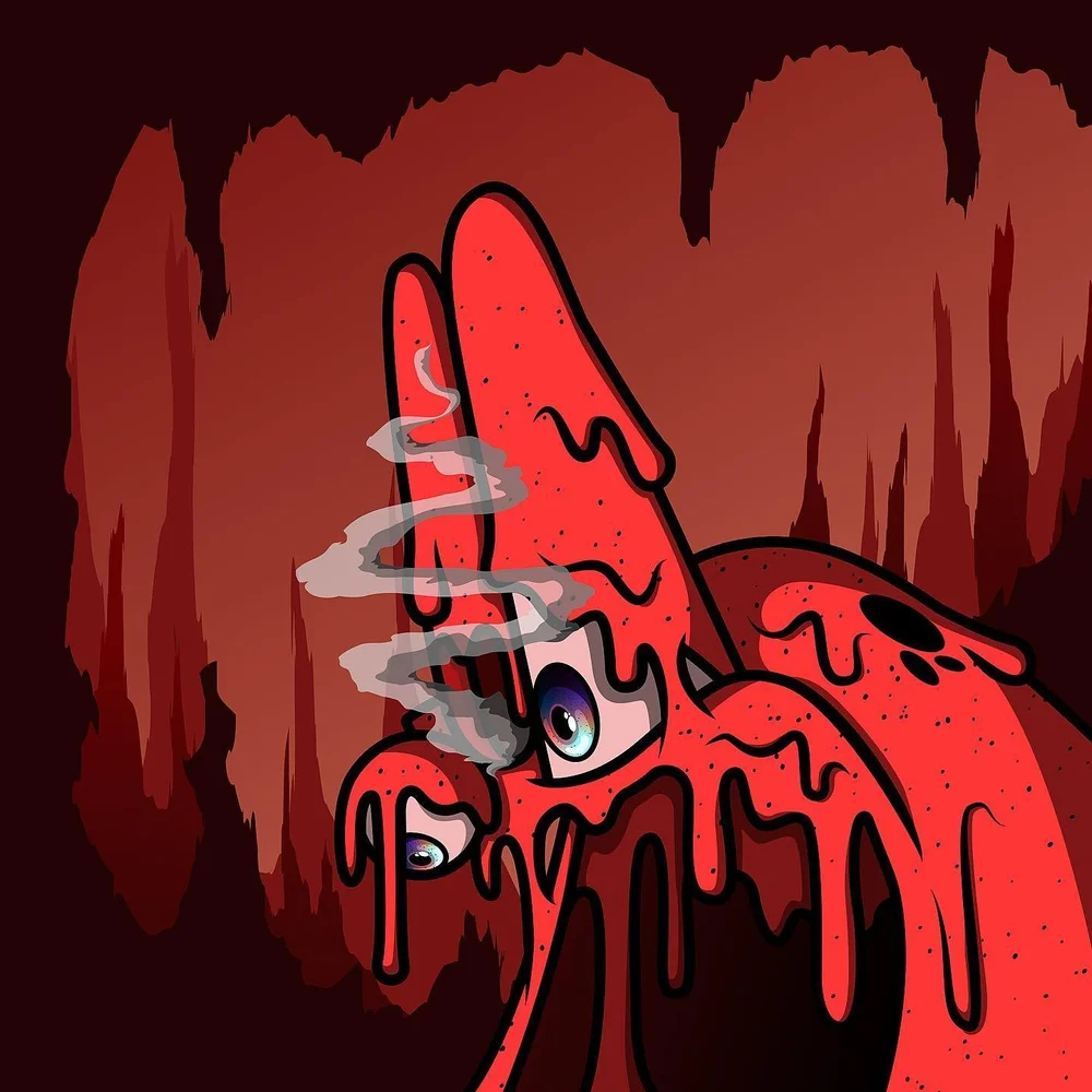 Red drippy Derp character in a dark cave, graffiti sticker art by Paul Vu