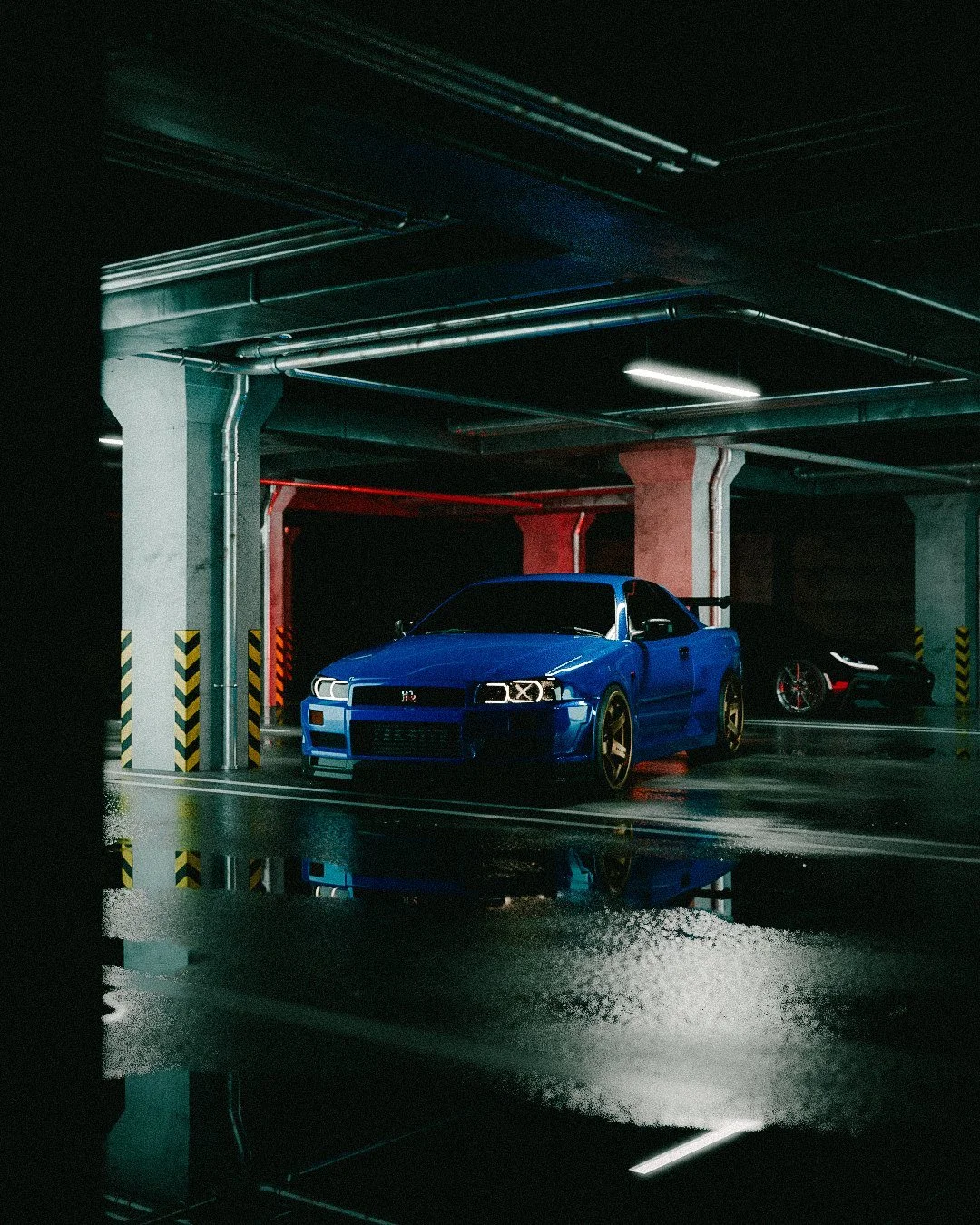 Blue Skyline under red light in a dark garage