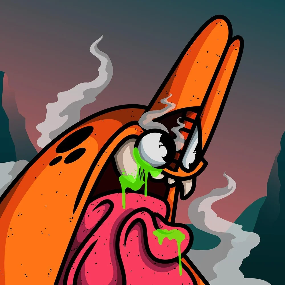 Orange Derp with green drool and smoke on a dark background, graffiti sticker art by Paul Vu