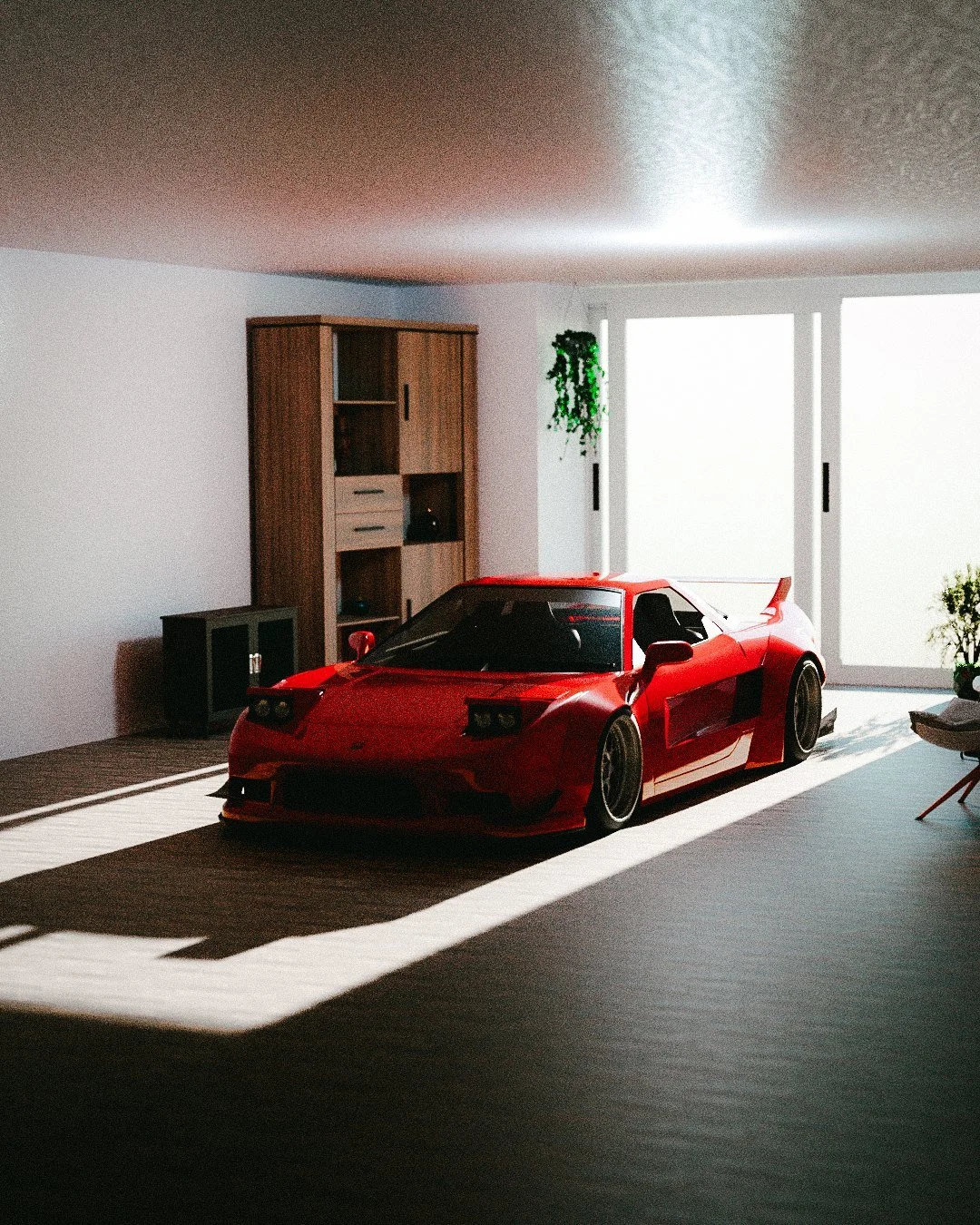 Red sports car parked inside a bright living room