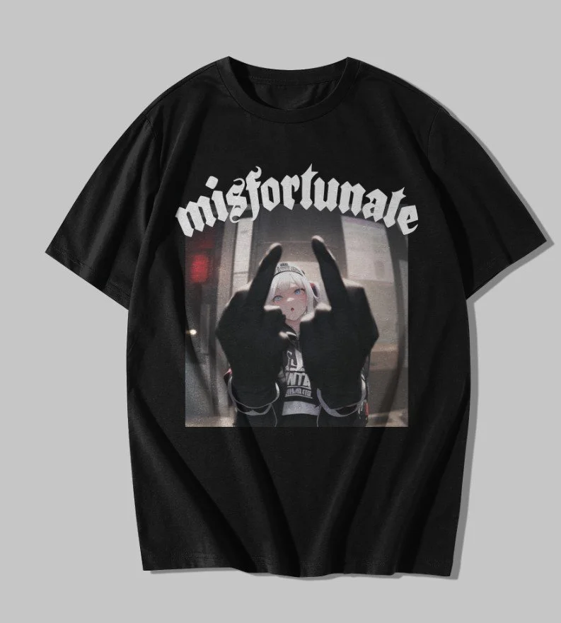 Black Misfortunate tee with a blackletter arch over an anime-style graphic