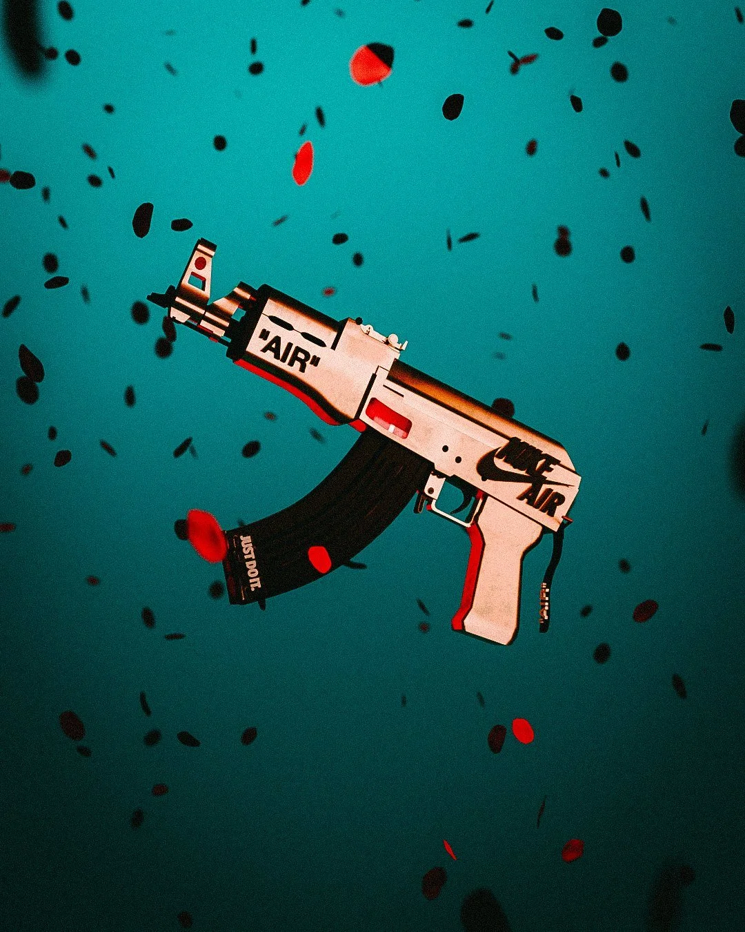 “Air Draco” 3D render: a cream pistol with Air branding on a teal background with falling petals