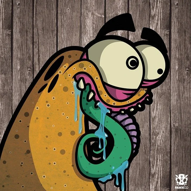 Derp character with bug eyes and a dripping tongue on a wood background, graffiti sticker art by Paul Vu