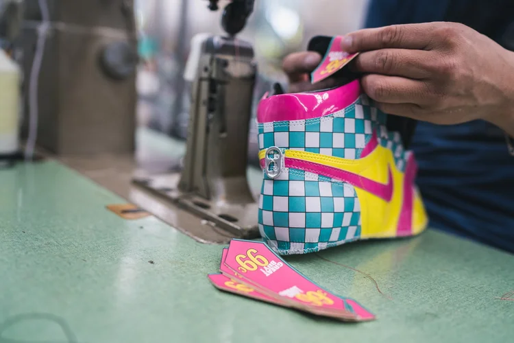 Behind the scenes of a Garrixon custom sneaker being stitched