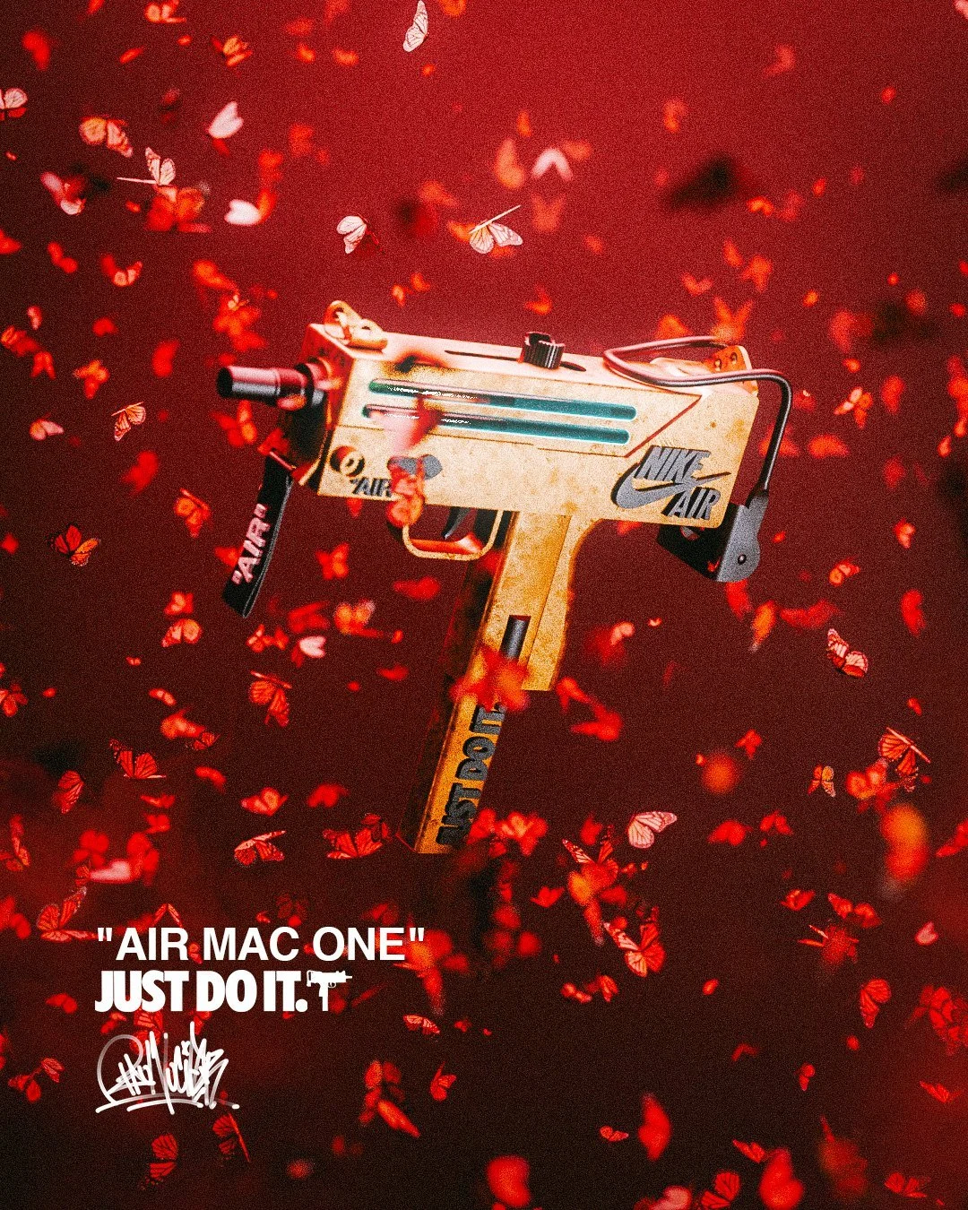 “Air Mac One” 3D render floating in a cloud of red petals