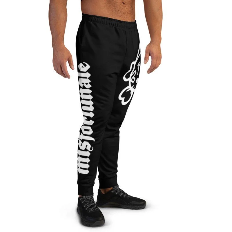 Side view of the joggers with the vertical Misfortunate wordmark