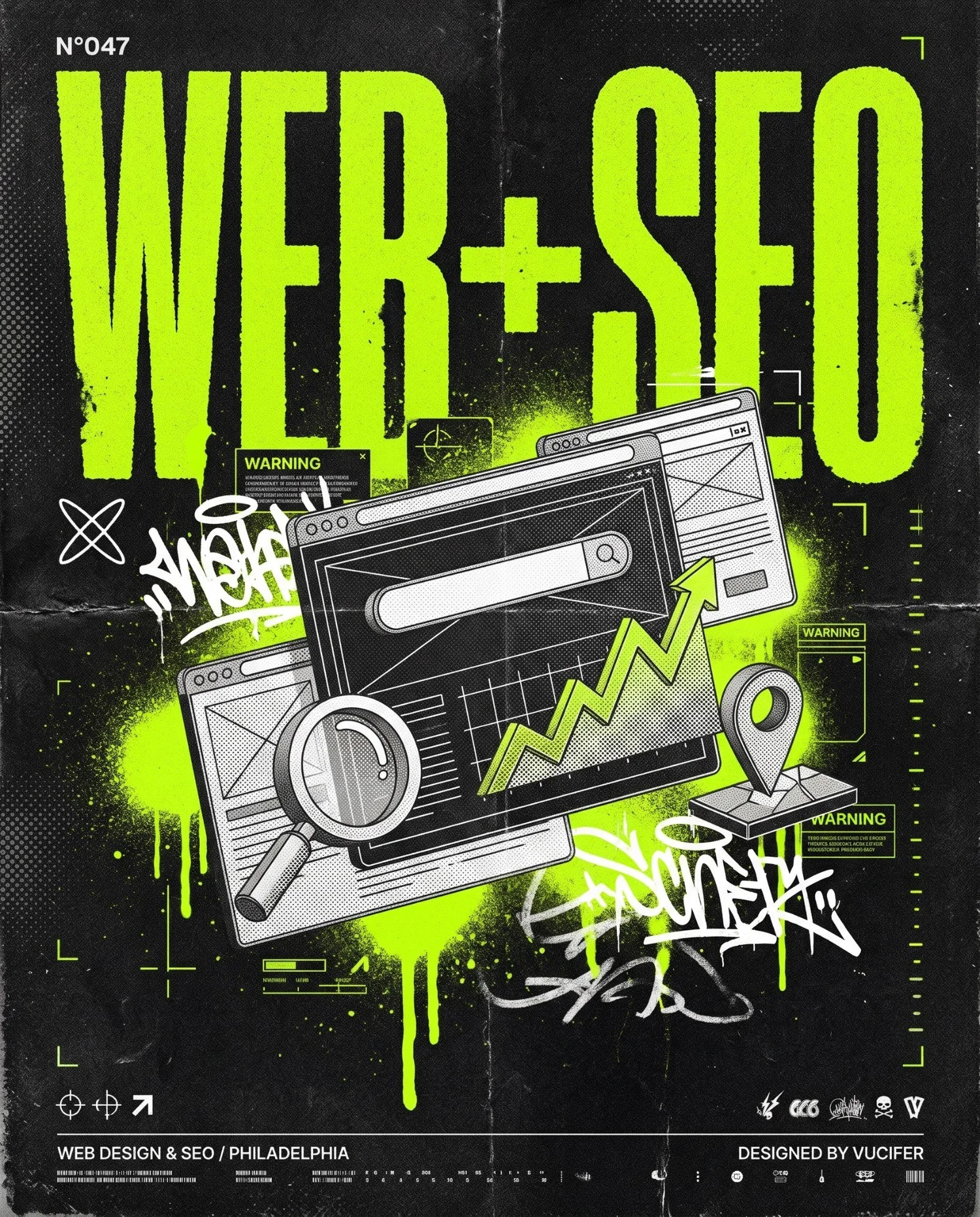 Web design and SEO poster with browser windows, a search bar and a map pin