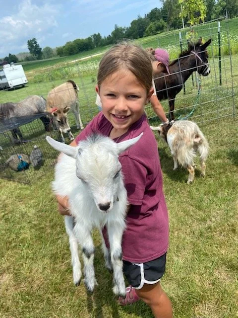 A girl holding a young goat in a farm setting with other goats and a horse in the background.