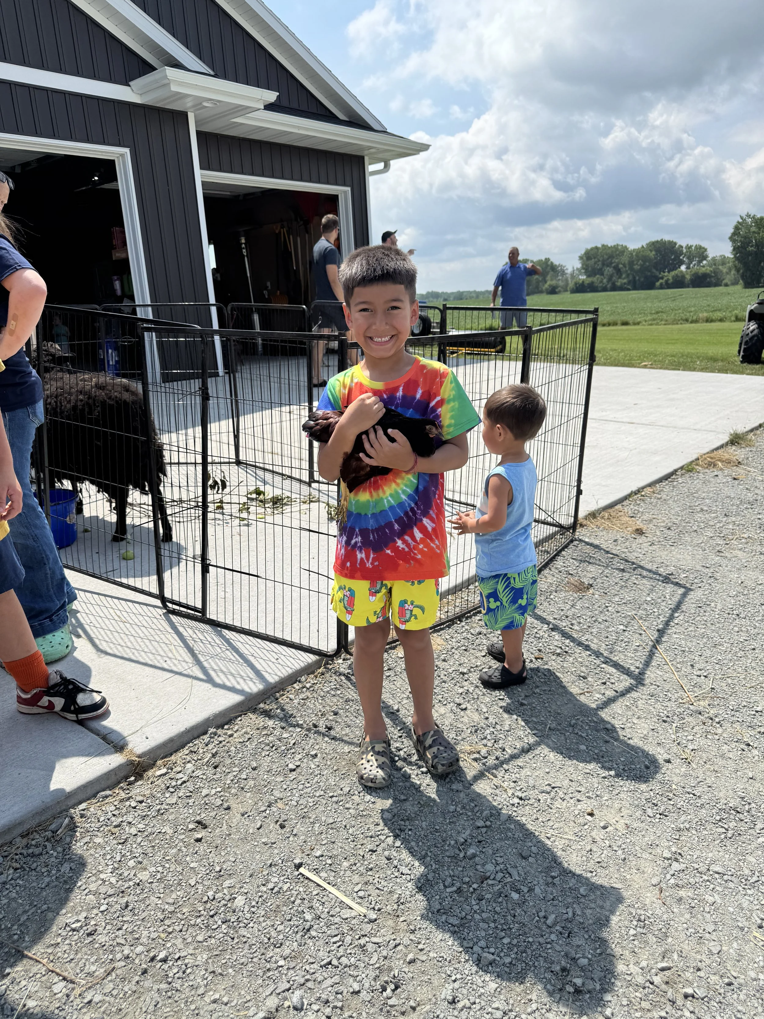 Young boy in a colorful tie-dye shirt and shorts holding a chicken, smiling outdoors near a fenced area with people and a barn in the background.