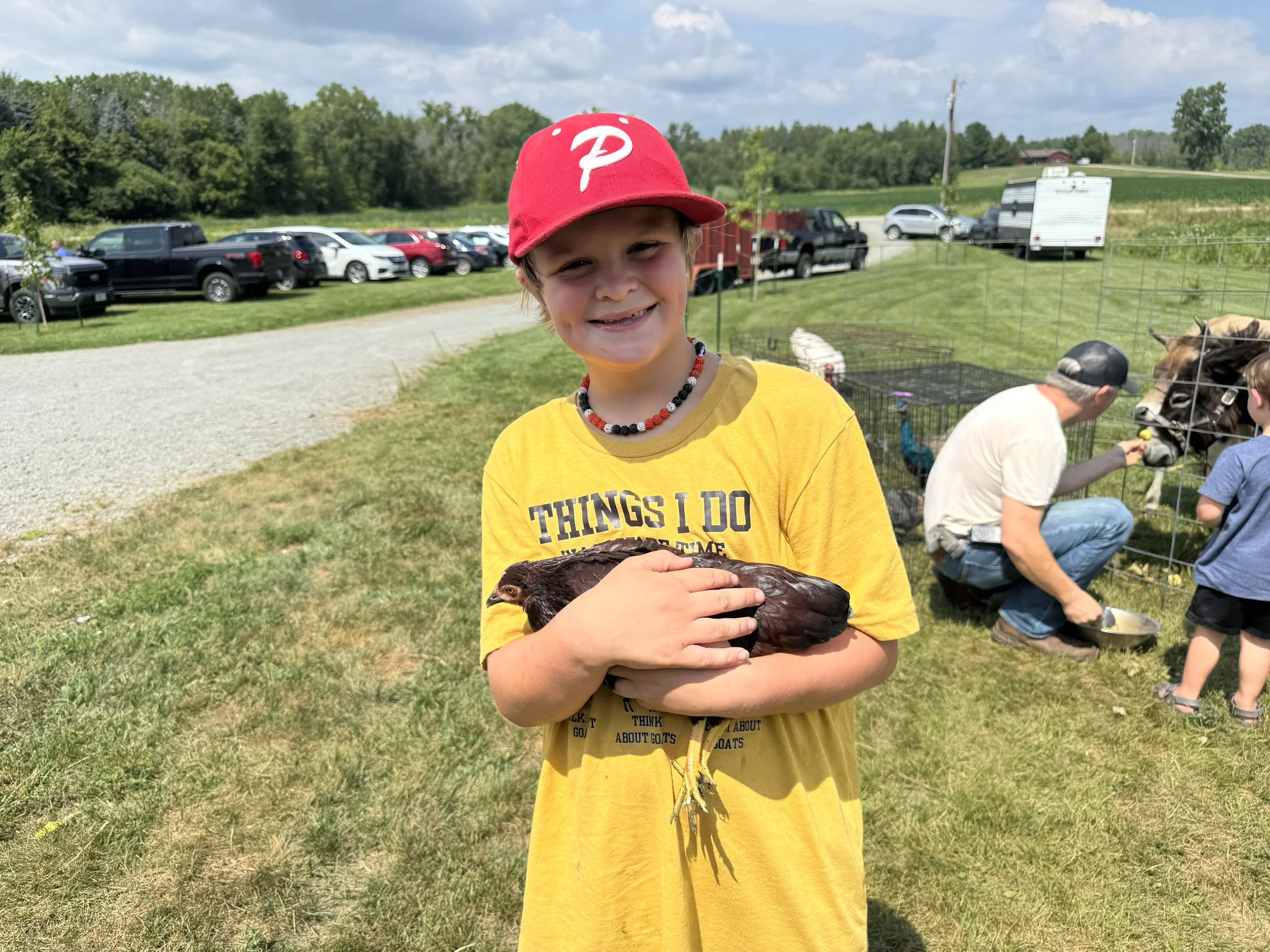 A young boy in a yellow t-shirt and red cap holding a chicken outdoors on a sunny day, with cars in a parking lot and a grassy field with trees in the background.