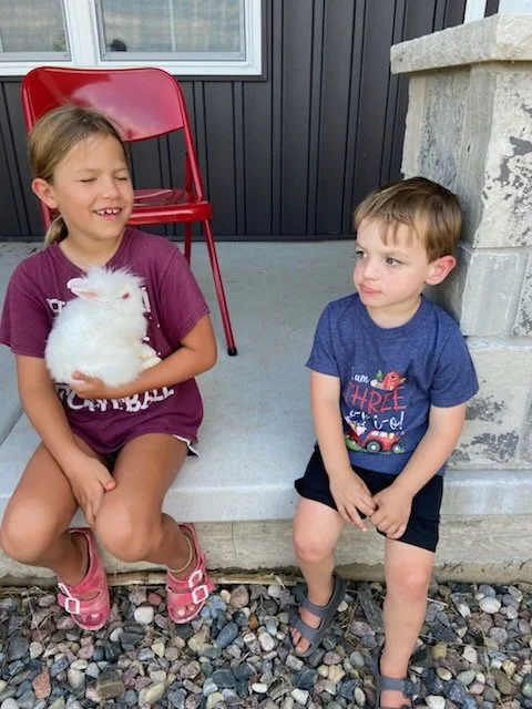 A girl holding a white bunny sitting next to a boy sitting on the ground outside near a stone wall and a red chair.