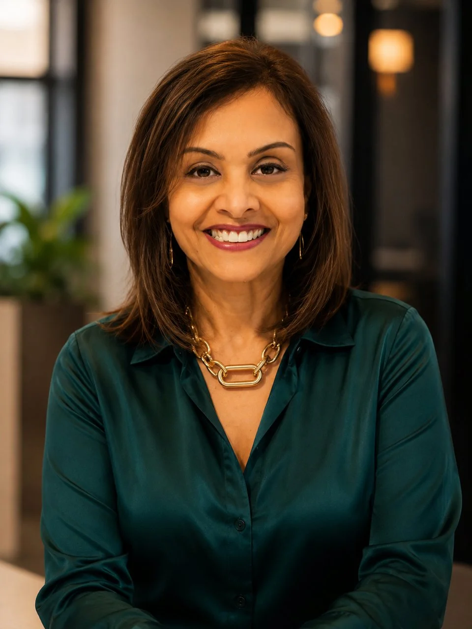 Avanthi Suma: Woman with dark hair wearing a black blazer, gold chain necklace, and earrings, smiling while sitting in a restaurant or cafe.