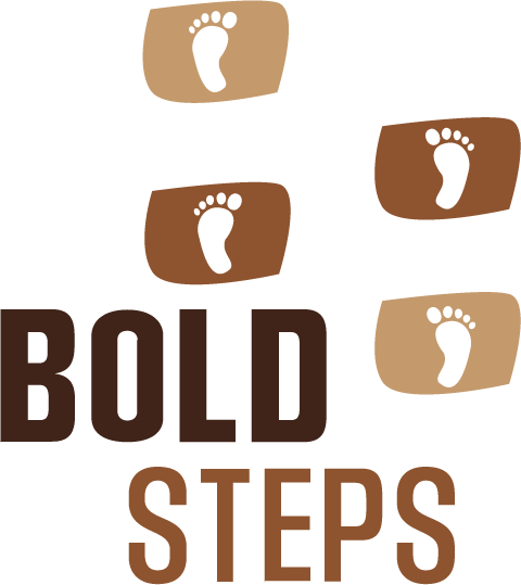 Graphic design with five footprints inside rounded rectangles in shades of brown, arranged above the bold text "BOLD STEPS" in dark brown.
