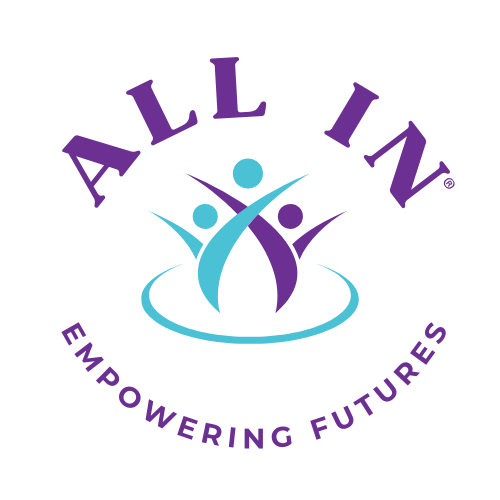 All In Empowering Futures logo with three abstract human figures in teal and purple, encircled by a teal ring.