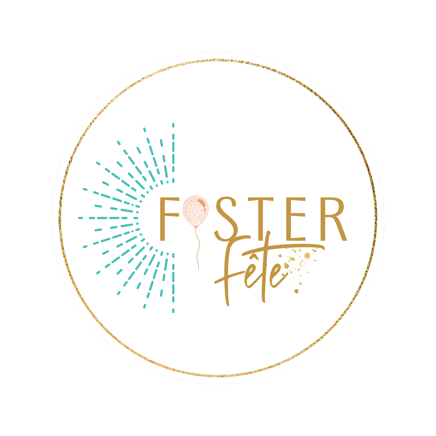 Celebration logo with the words "Foster fête" in gold and a pink balloon, surrounded by teal lines and gold splatter effects.