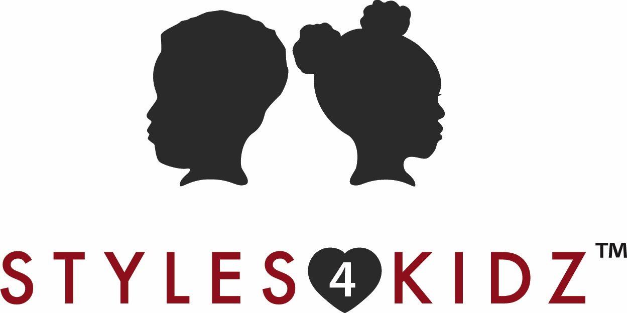 Silhouettes of two children, a girl and a boy, facing opposite directions. Below, the text 'STYLES 4 KIDZ' with the number 4 inside a heart shape.