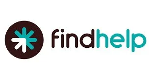 Logo for findhelp, featuring a teal and white asterisk-like icon inside a black circle and the words 'findhelp' in lowercase, with 'find' in black and 'help' in teal.
