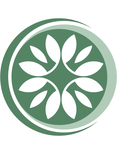 A circular logo with a green background and white leaf design