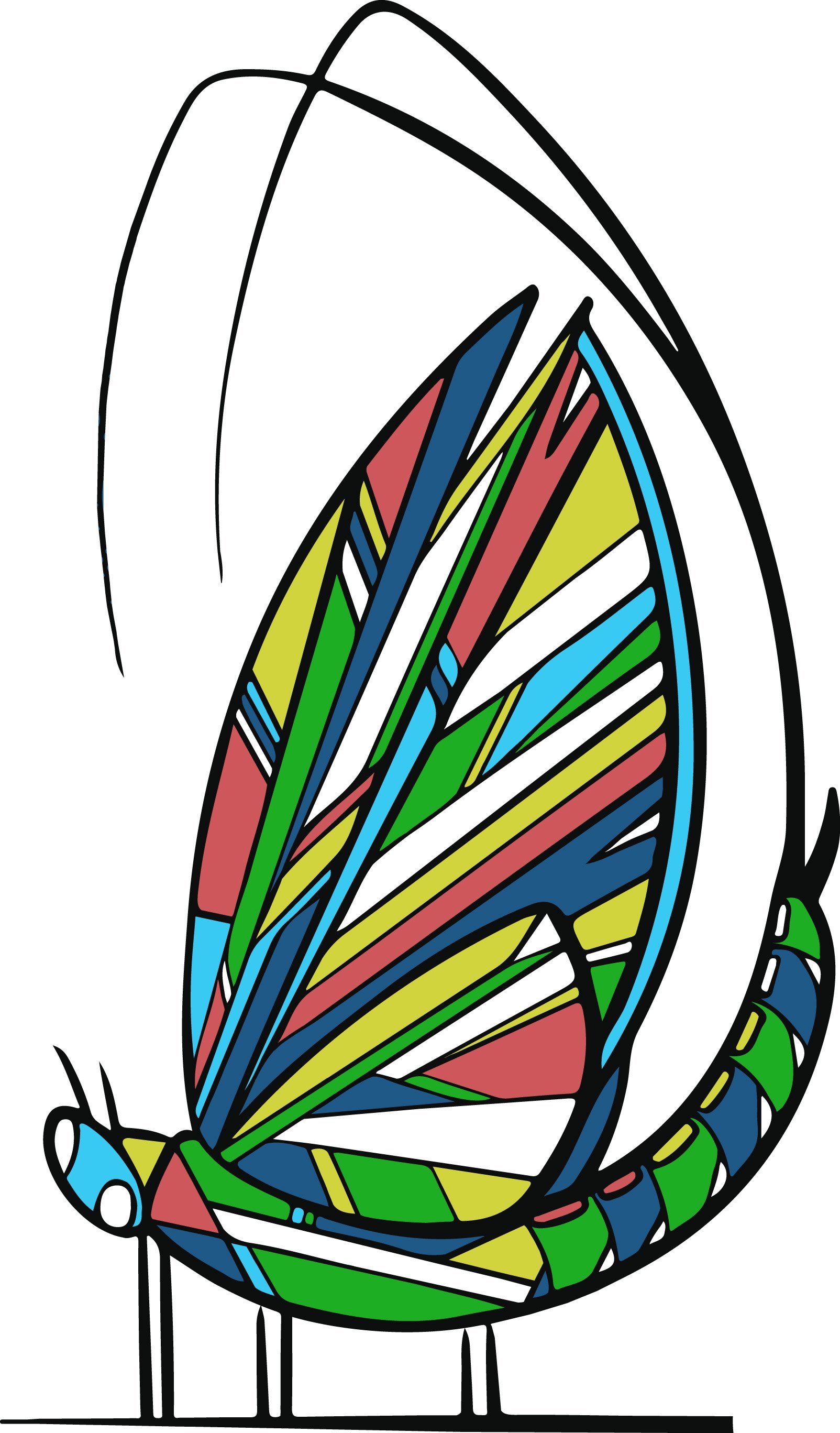 Colorful, abstract illustration of an insect on a white background, featuring geometric shapes and bold lines.