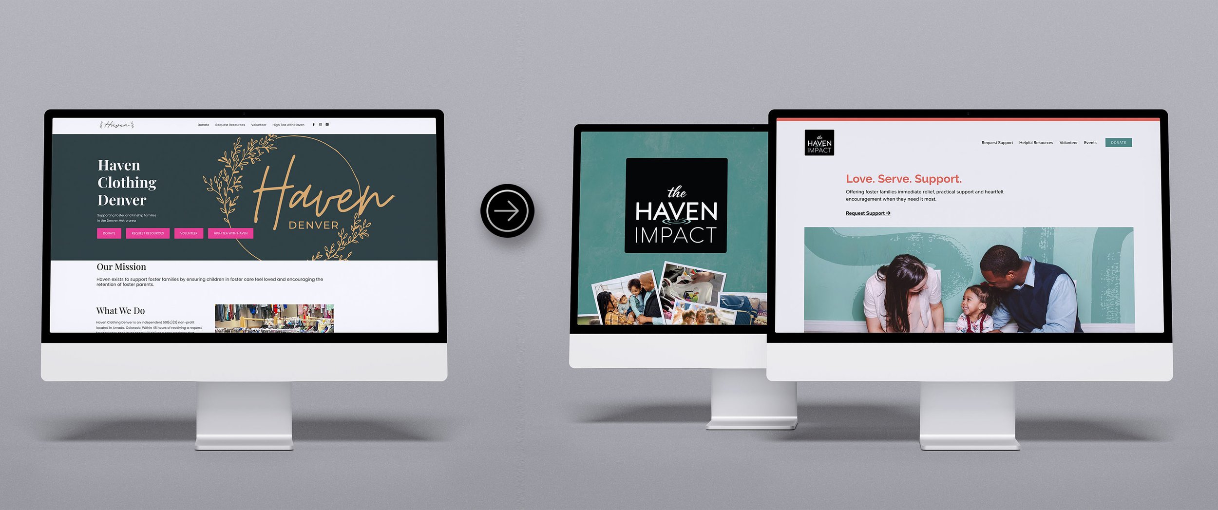 Haven Clothing Denver website with an arrow pointing to the new The Haven Impact website shown on two monitors.