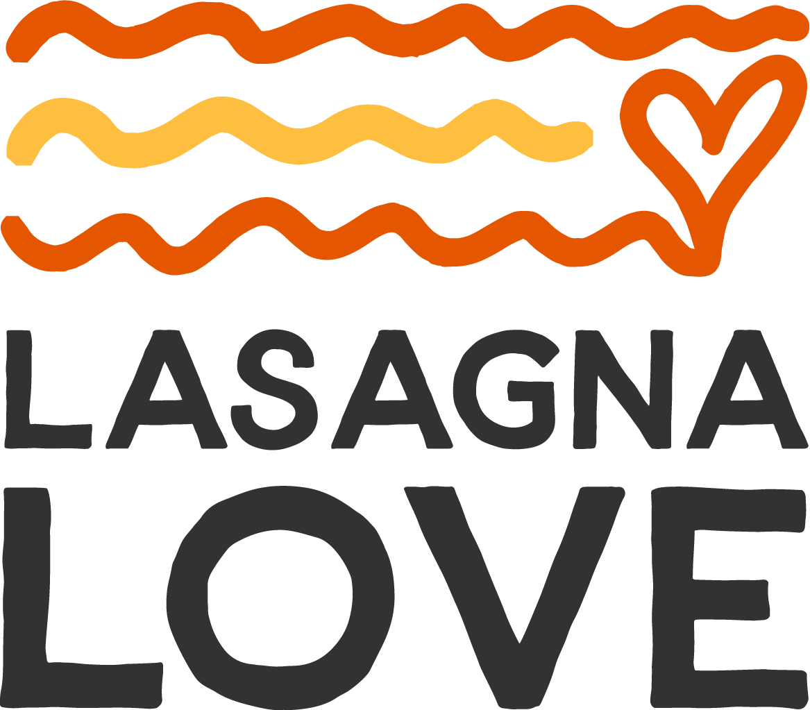 A logo with three wavy lines in red, yellow, and orange, a red heart shape, and the words 'Lasagna Love' in black text.
