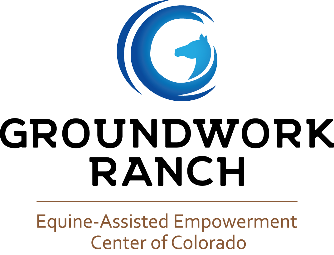 Logo for Groundwork Ranch featuring a blue brush-stroke letter G with a horse head in the inside of the G. Underneath "GROUNDWORK RANCH" in black text, it says "Equine-Assisted Empowerment Center of Colorado" in brown.