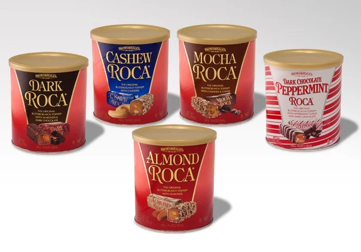 Served as lead designer for a 100-year-old confectionery enterprise, directing brand identity, product packaging, print collateral, and commercial photography.
Developed refreshed branding and packaging designs for Almond Roca, with Anton Kimball Des