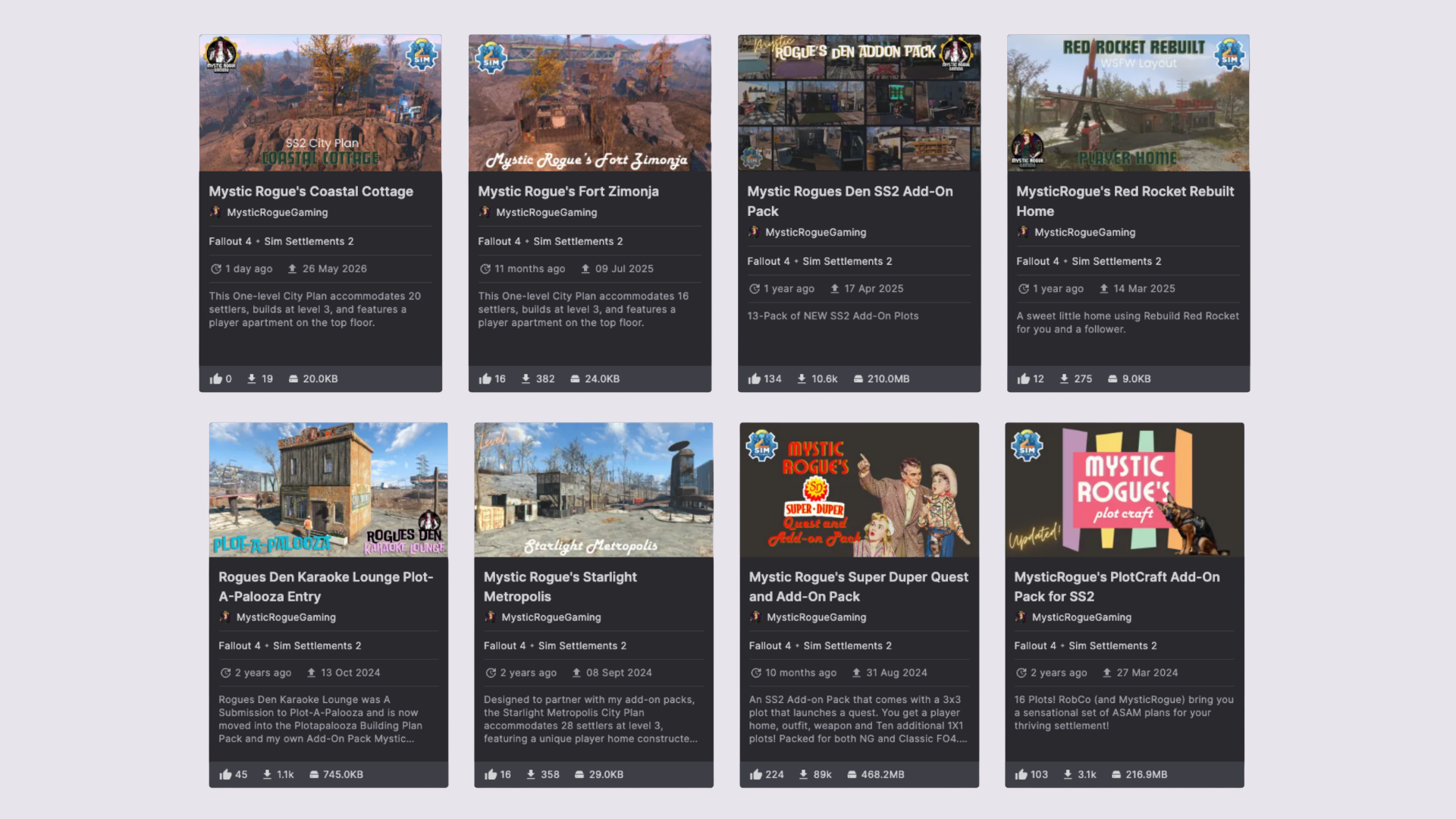 Screenshot of a webpage displaying various add-on packs and modifications for a video game called Fallout 4, including images and titles of each pack.