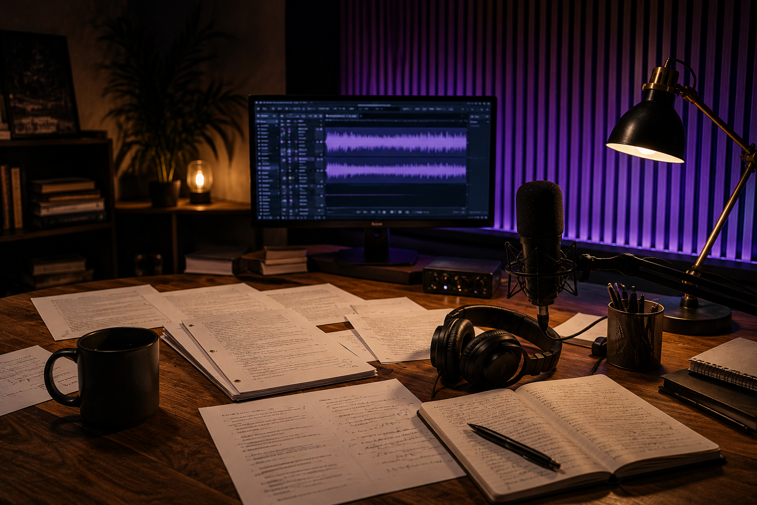 Recording studio workspace with a computer monitor displaying audio editing software, a microphone, headphones, papers, a notebook, and a desk lamp on a wooden desk in a dimly lit room.