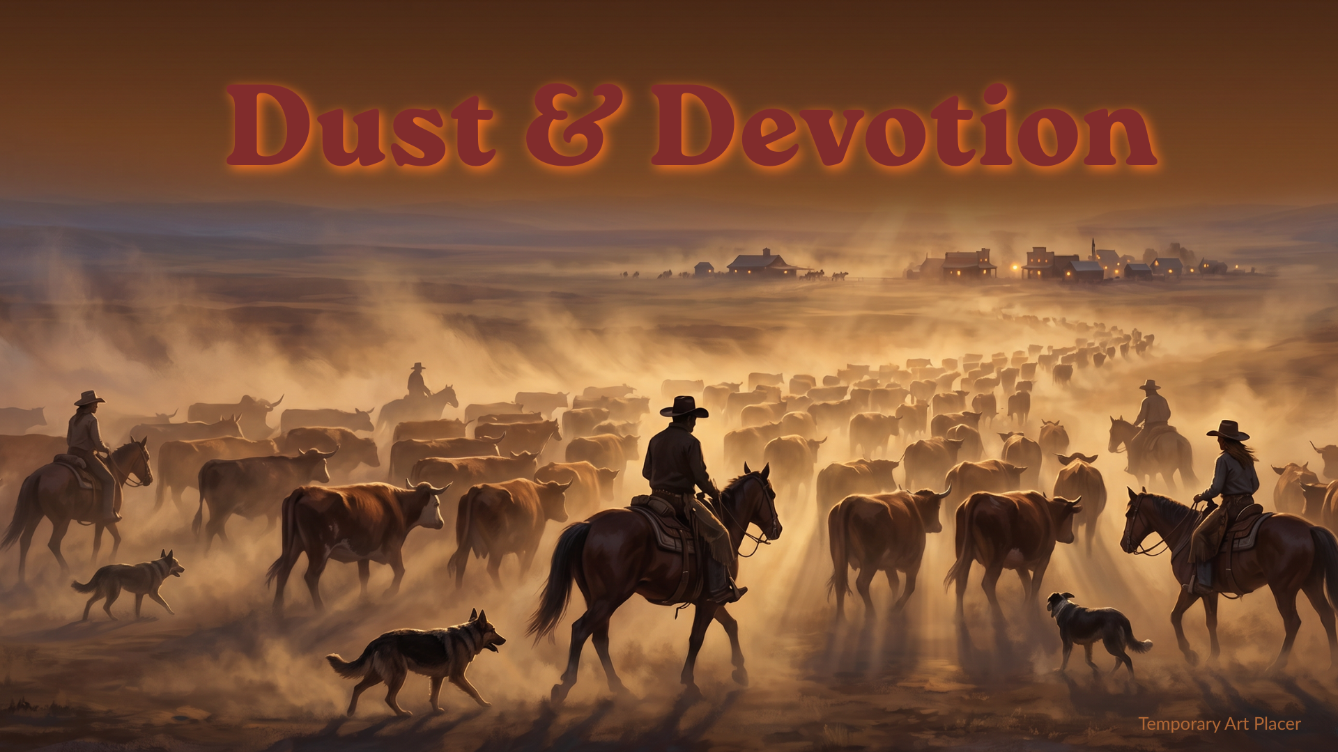 A silhouette of cowboys riding horses and herding cattle across a dusty landscape with a small town in the distance during sunset.