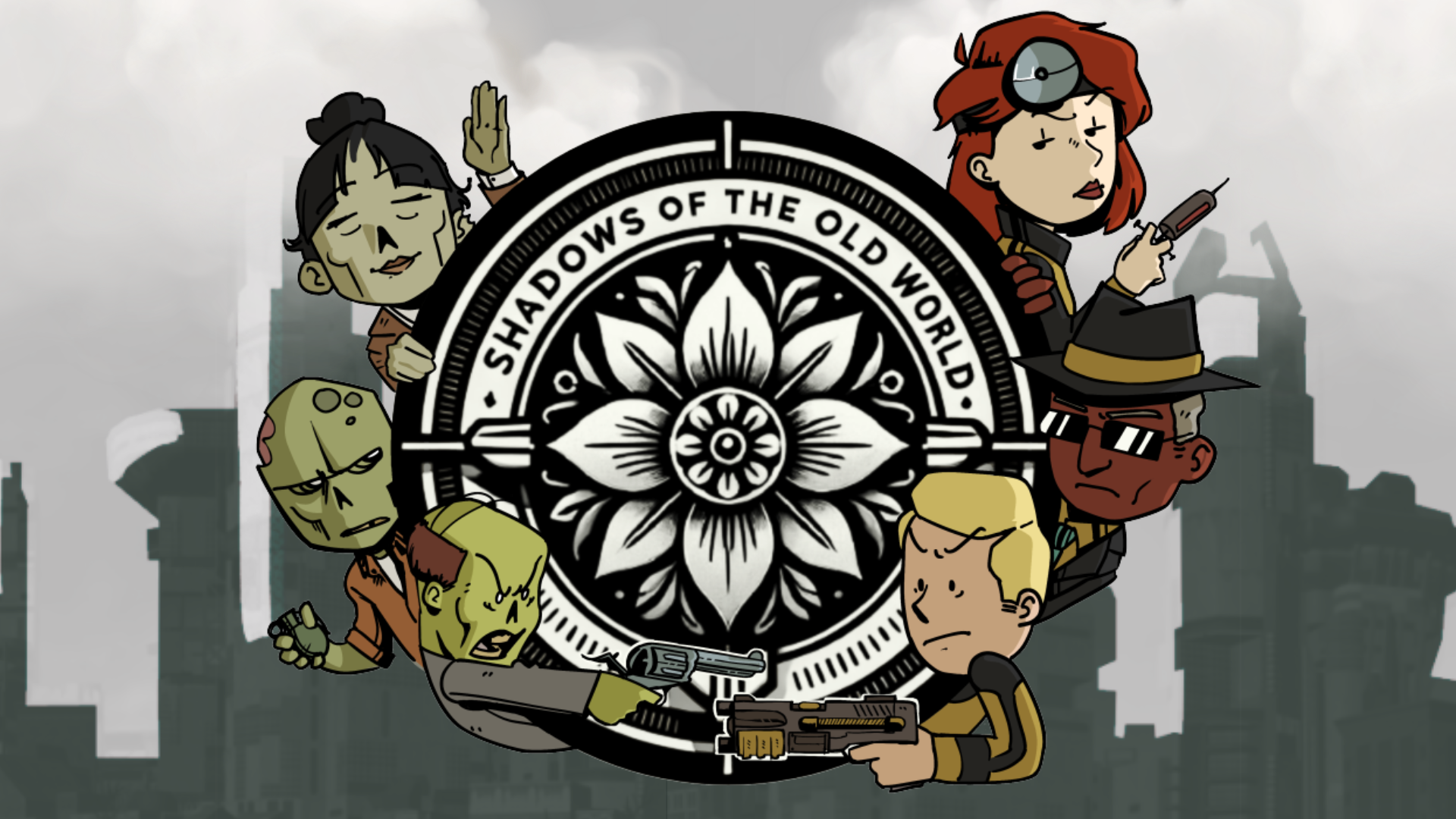 Animated characters from the Shadows of the Old World comic, featuring zombie-like figures, a detective with a gun, a woman with a crossbow, and others in front of a large emblem with a flower design and the text ‘Shadows of the Old World’.