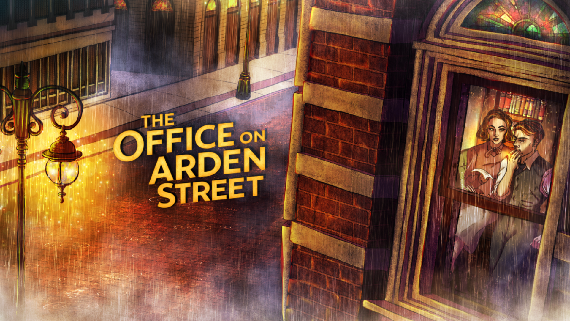 Illustration of a city street scene at night with a vintage lamp post, a brick building with a large window showing two women inside, and the text "The Office on Arden Street" in yellow font.