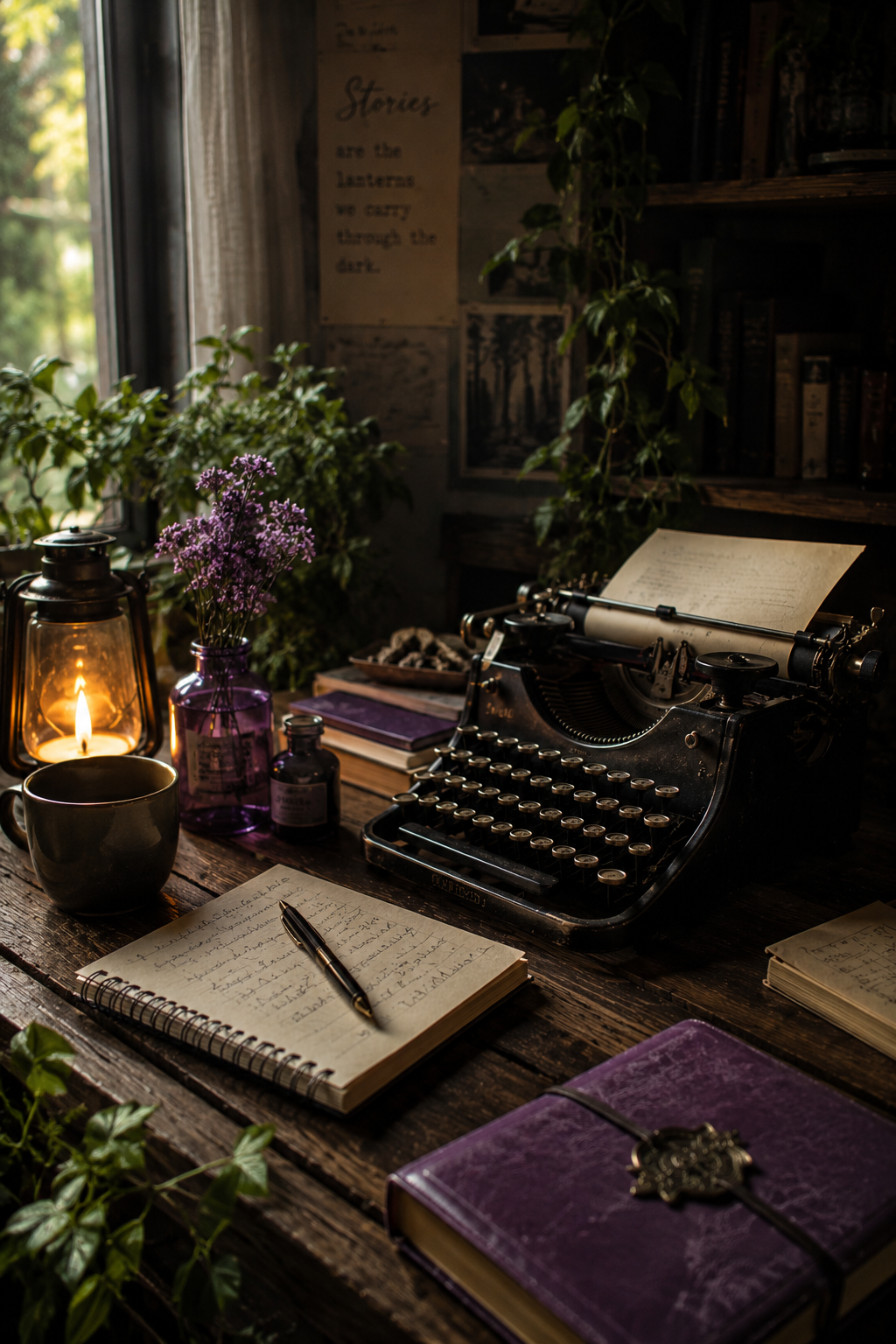A vintage typewriter on a rustic wooden desk with handwritten pages, purple books, a black mug, a lit lantern, a purple vase with small purple flowers, green plants, and a sign on the wall with the text 'Stories are the lanterns we carry through the dark.'
