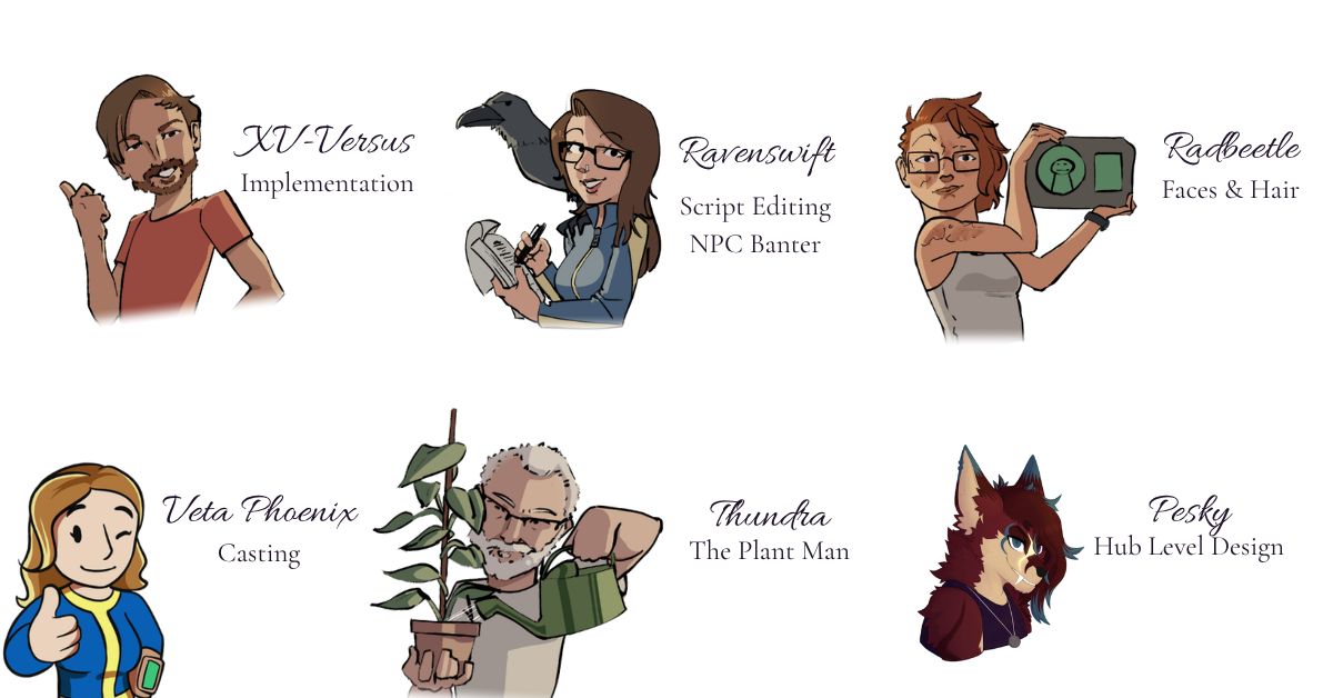 Series of cartoon characters engaged in various activities, including a man with a beard smiling, a woman with glasses holding a notebook, another woman with glasses showing a device, a smiling woman with blonde hair giving a thumbs-up, an elderly man watering a plant, and a cat with reddish fur.