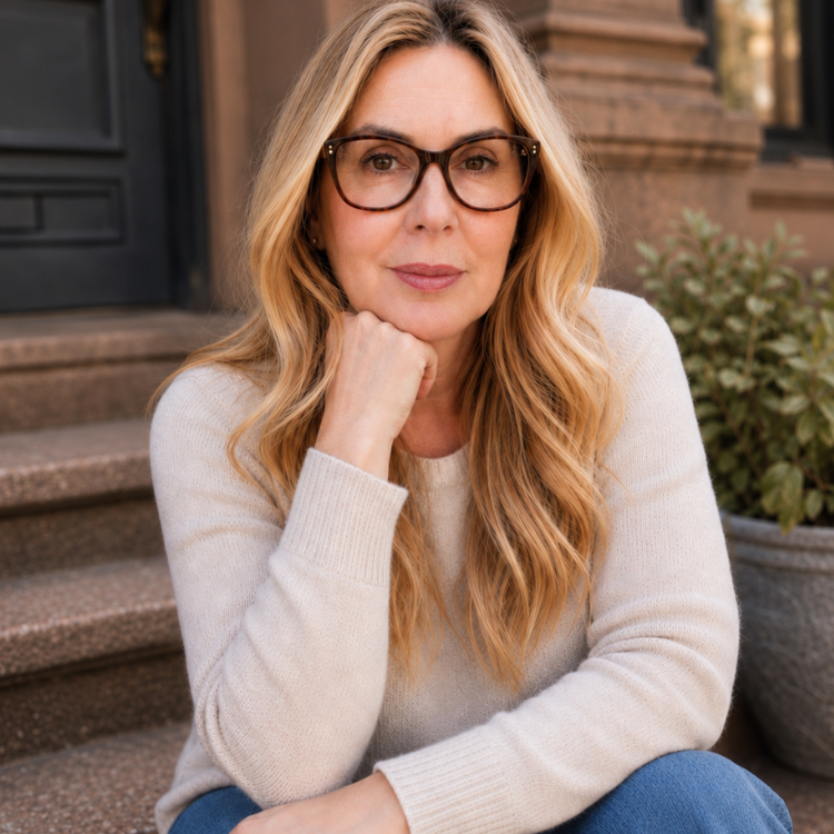 Olivia Rogue wearing glasses and a beige sweater sitting on outdoor stairs.
