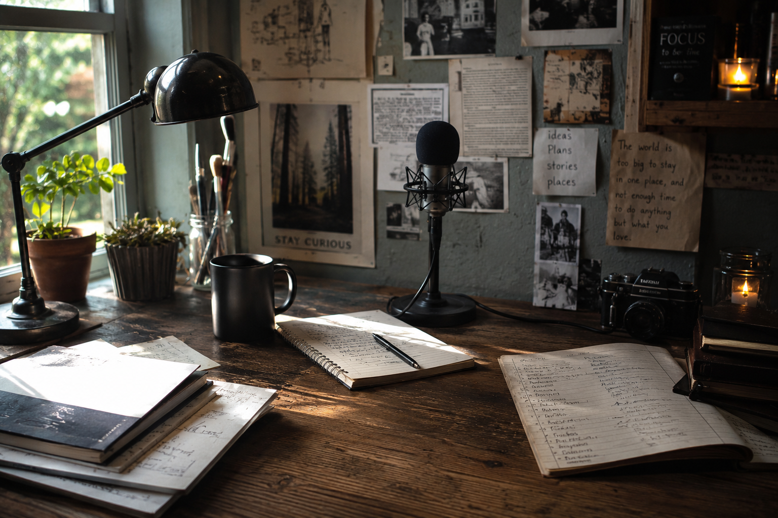 A cluttered wooden desk near a window with books, notebooks, a camera, a black mug, and a small potted plant. The wall behind has photographs, notes, and quotes, including a phrase 'STAY CURIOUS' and a handwritten note about the world.